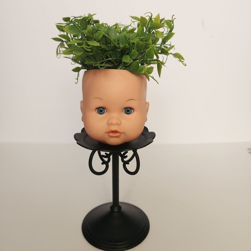 Handmade By Me Doll Head Planter On a Metal Pedestal